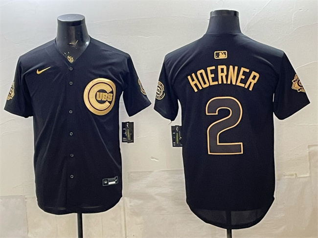Men's Chicago Cubs #2 Nico Hoerner Black/Gold 150th Anniversary Patch Stitched Baseball Jersey